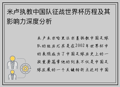 米卢执教中国队征战世界杯历程及其影响力深度分析